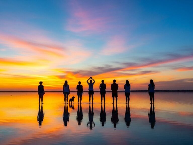 Personengruppe im Sonnenuntergang am Strand