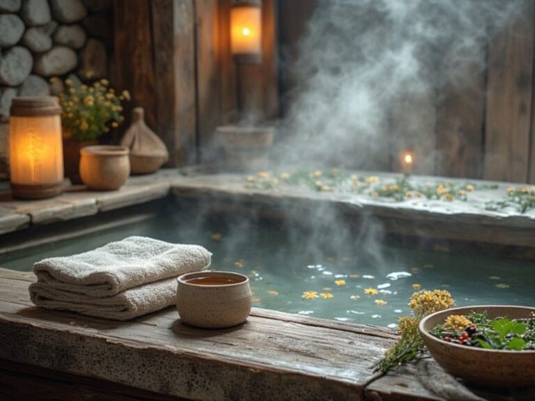 Entspannendes Spa mit Handtüchern und dampfendem Bad