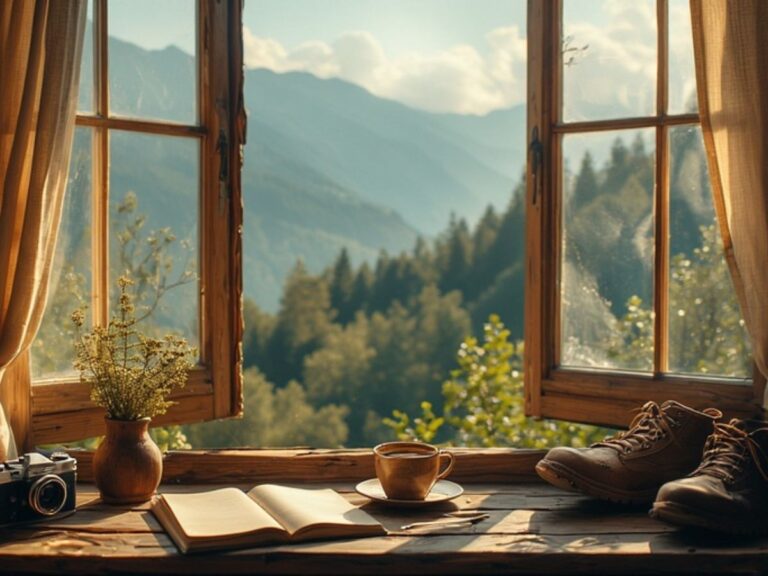 Landschaftsausblick aus Fenster mit Buch und Kaffee