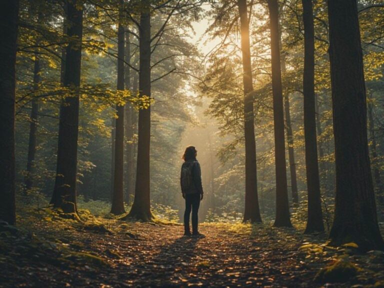 person standing in the woods enjoying scenery doing shinrin yoku waldbaden