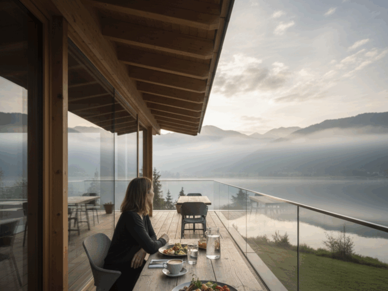Frau genießt Frühstück mit Bergblick auf Terrasse.
