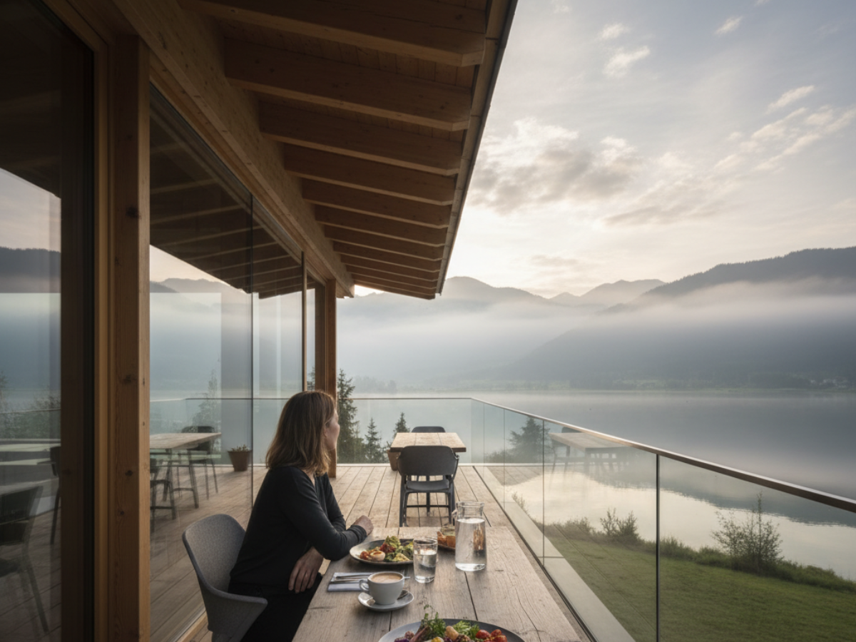 Frau genießt Frühstück mit Bergblick auf Terrasse.