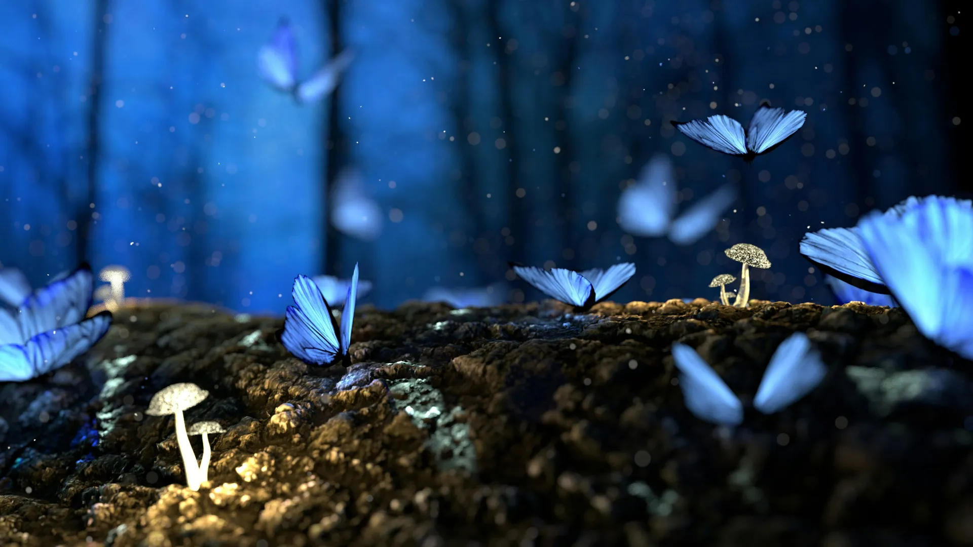 Blaue Schmetterlinge und Pilze im Wald